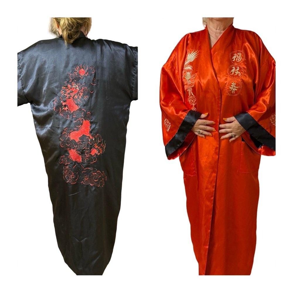 Vintage Black and Red Embroidered Kimono Robe w/ Dragon